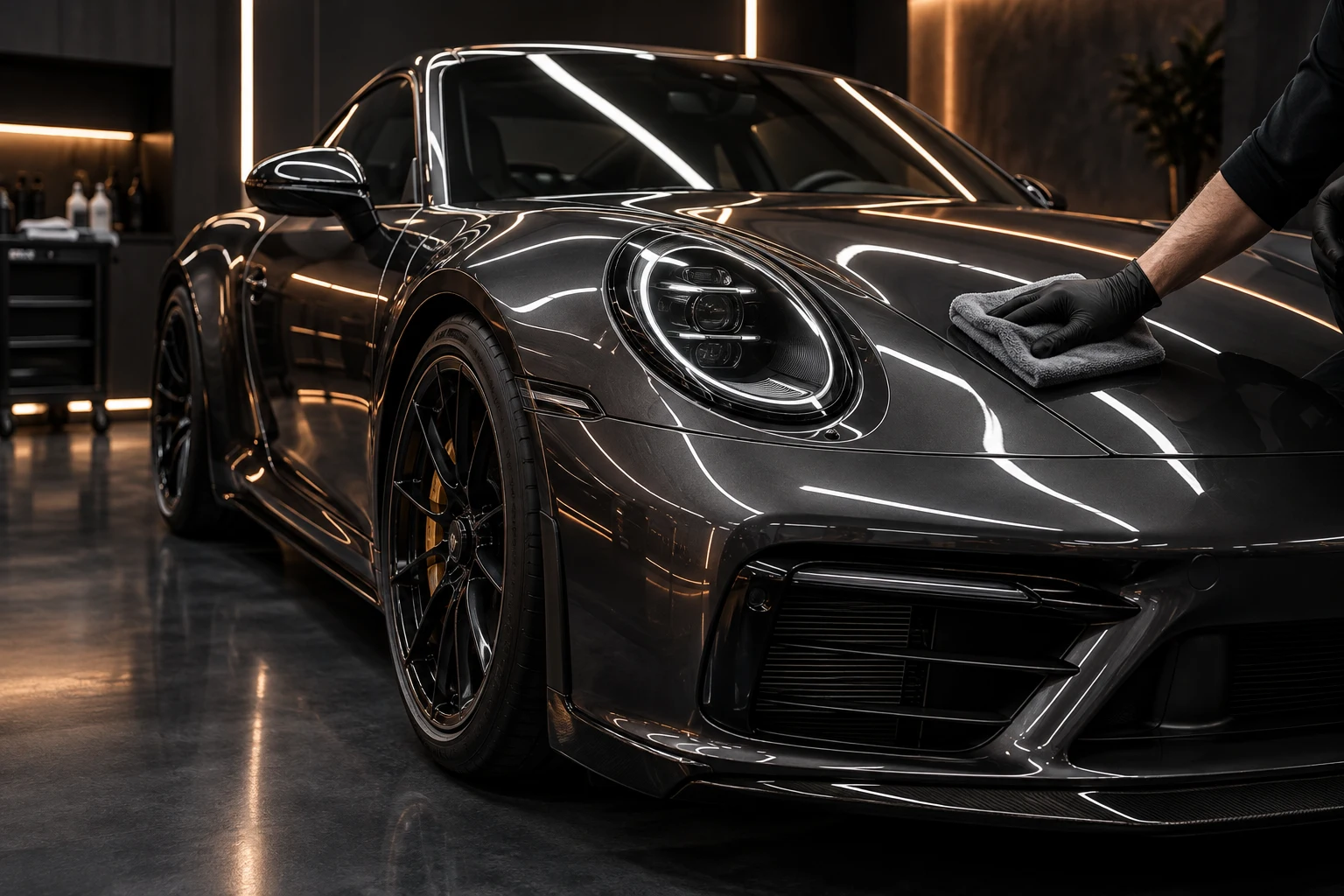 Illustrative graphite sports coupe being polished in a professional detailing studio