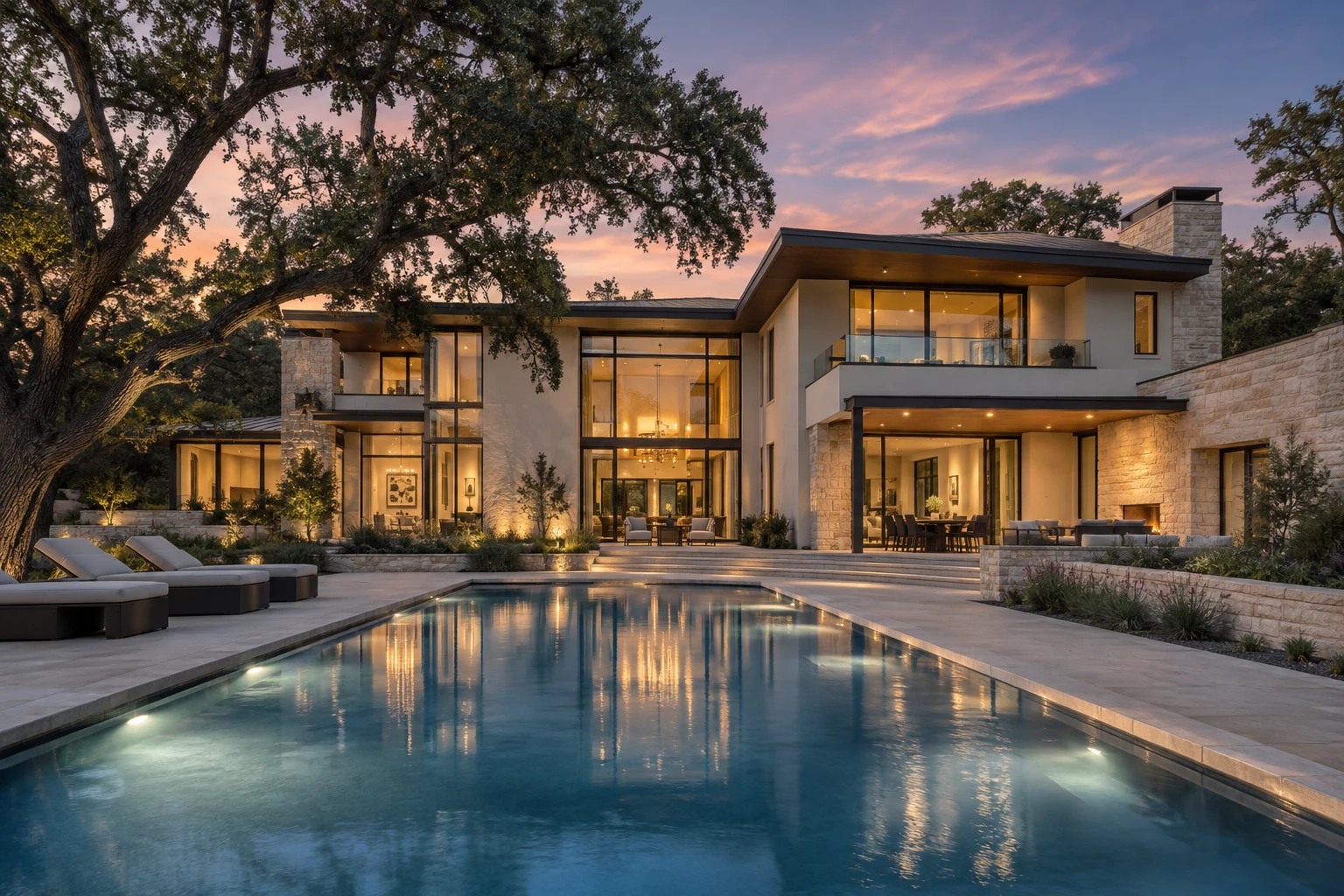 Illustrative contemporary home with an illuminated pool at twilight