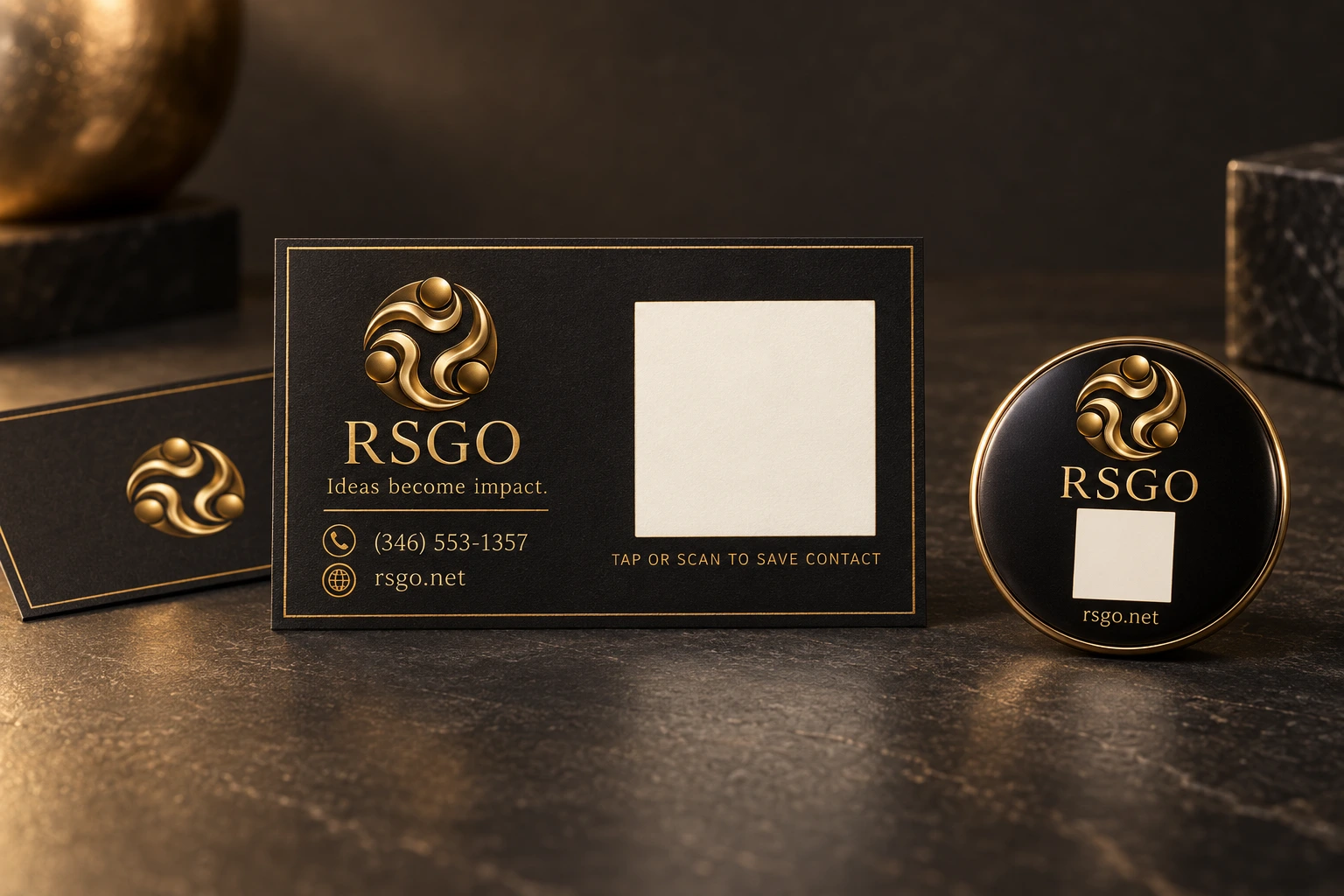 RSGO rectangular NFC name card and round NFC name tag, with the original gold RSGO emblem and scannable QR codes