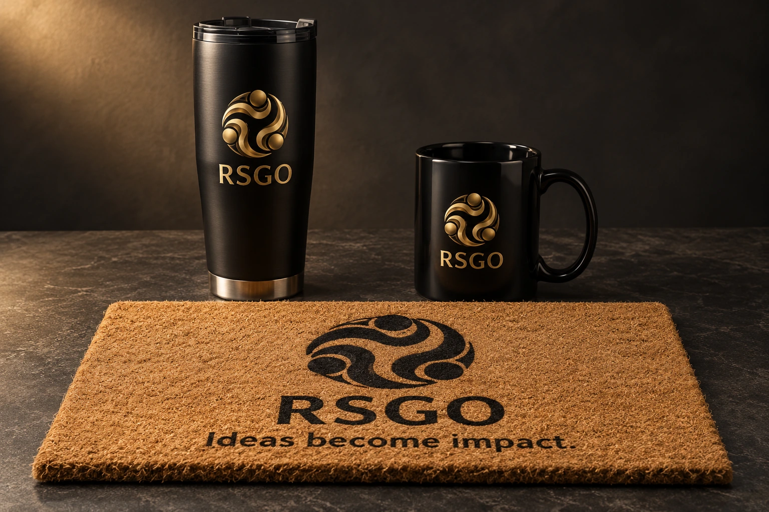 RSGO branded tumbler, mug and doormat collection