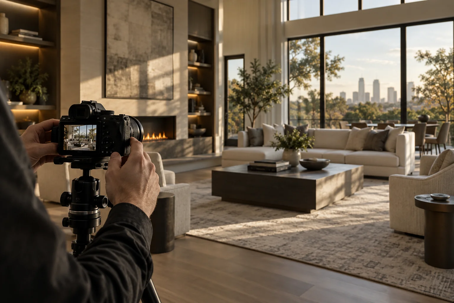Camera operator composing a property photograph inside a warmly lit, staged living room