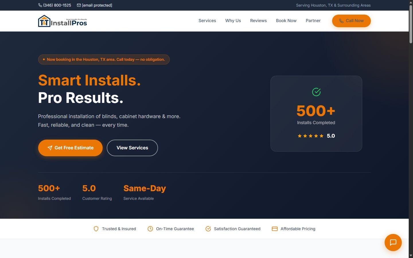 Desktop view of the T&T InstallPros website